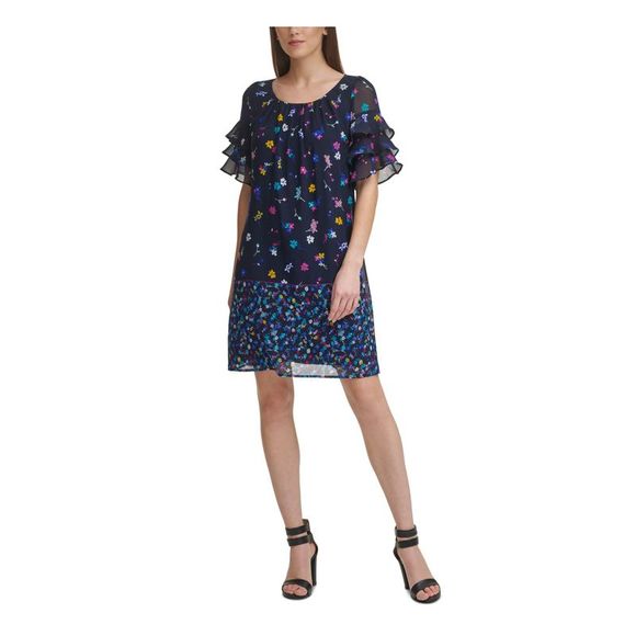 DKNY Women's Short Sleeve Jewel Neck Above the Knee Fit Flare Wear to Work Dress Purple Size 4